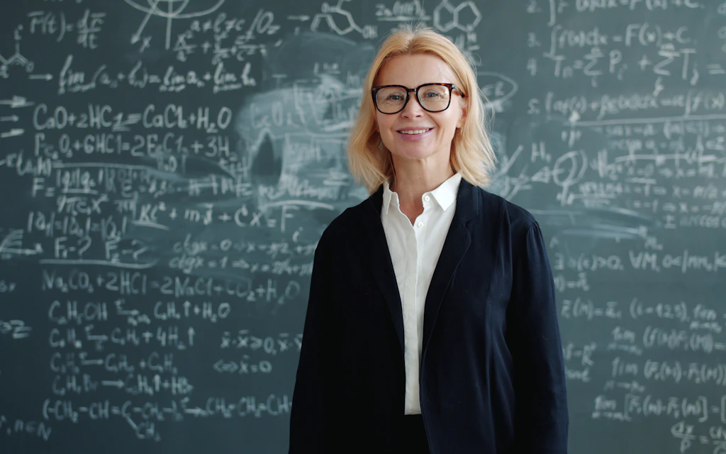 Professora de nutrição sorrindo diante de um quadro com equações