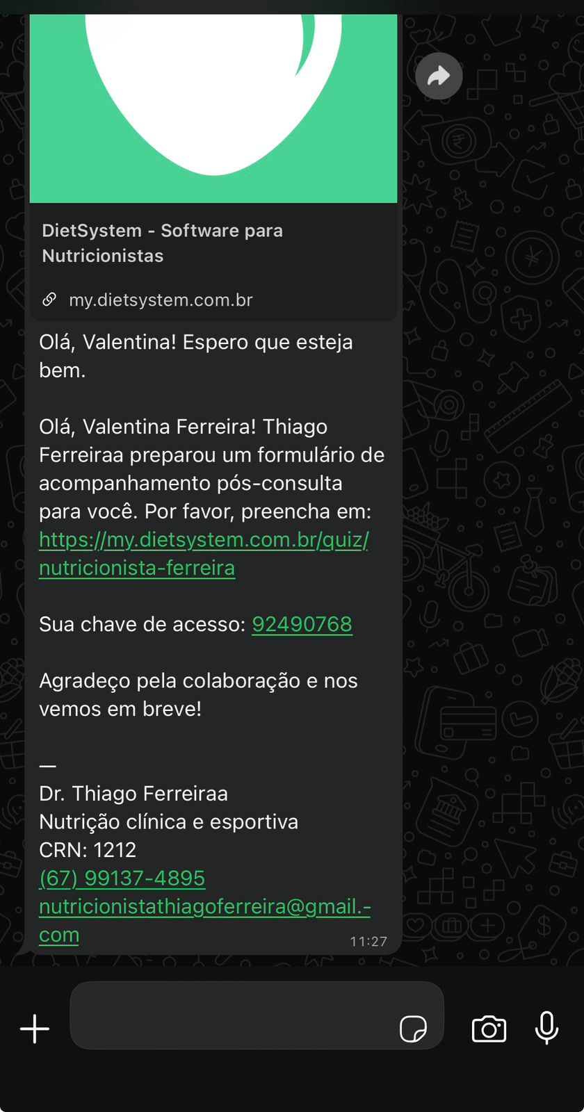 WhatsApp oficial — formulário pós-consulta automático