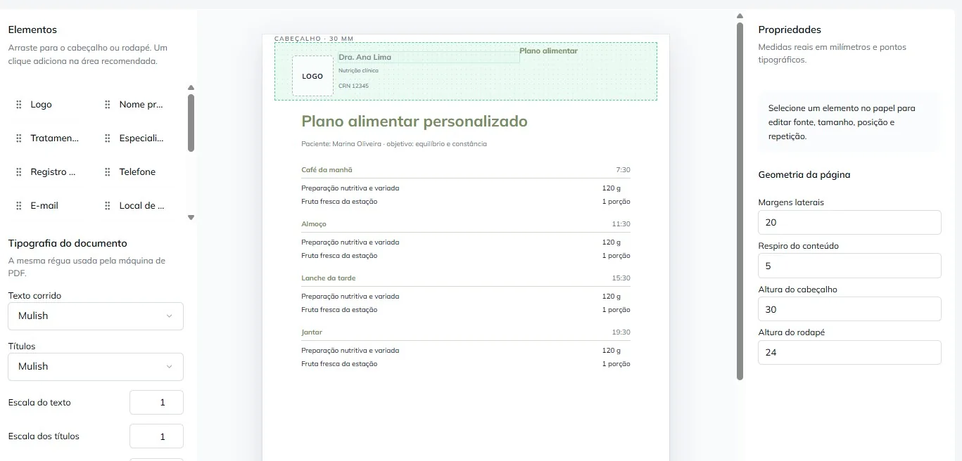 Editor de PDF do DietSystem com elementos de cabeçalho, escolha de tipografia e geometria da página em milímetros